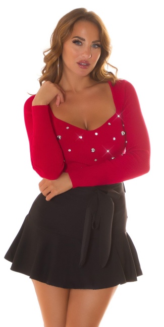 Gebreide sweater-trui met glitter stenen rood